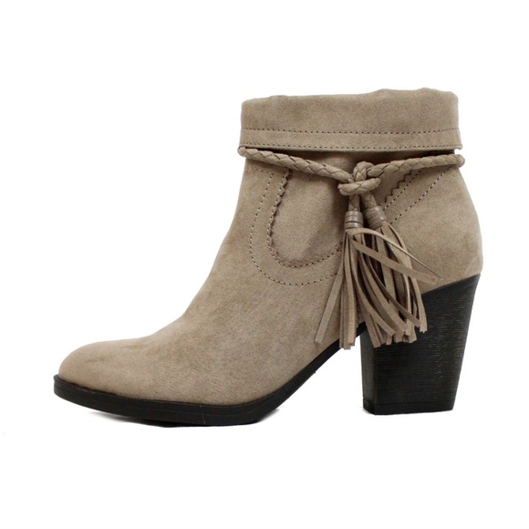 BAMBOO Shoes - Taupe Suede Tassel Chunky Heeled Almond Toe Bootie
